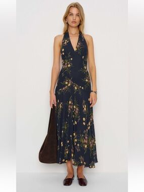 Reformation Briony Navy Floral Halter Maxi Dress